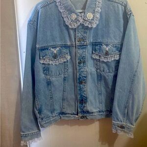 Bluenotes Embellished Lace Trim Denim Jacket | Size Large